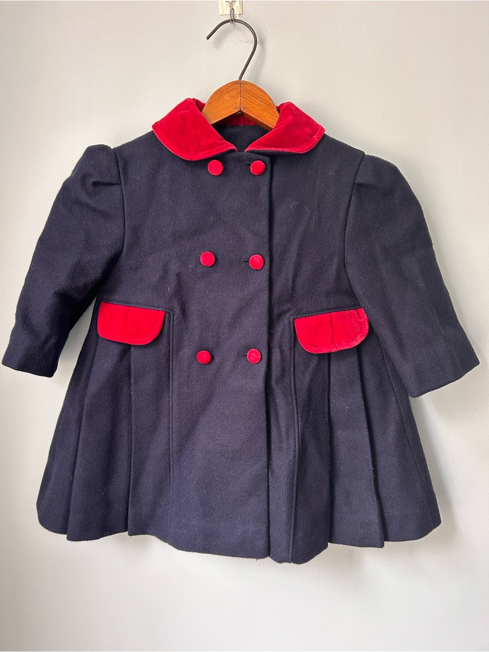 Girls Vintage Freeway Fashions Navy Wool Blend Overcoat USA Red Accents 2T